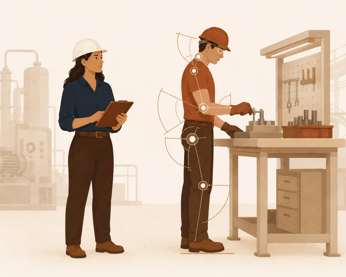Analista observando posto de trabalho com guias de medição, representando a Análise Ergonômica do Trabalho