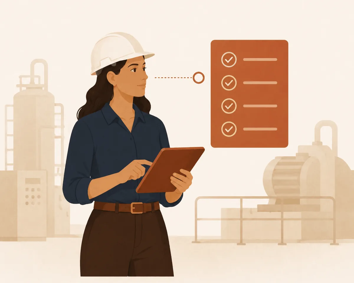 Engenheira de segurança do trabalho com tablet acompanhando ambiente industrial organizado