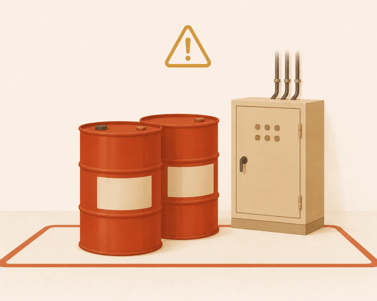 Área de risco com inflamáveis e painel elétrico sinalizada, representando o laudo de periculosidade