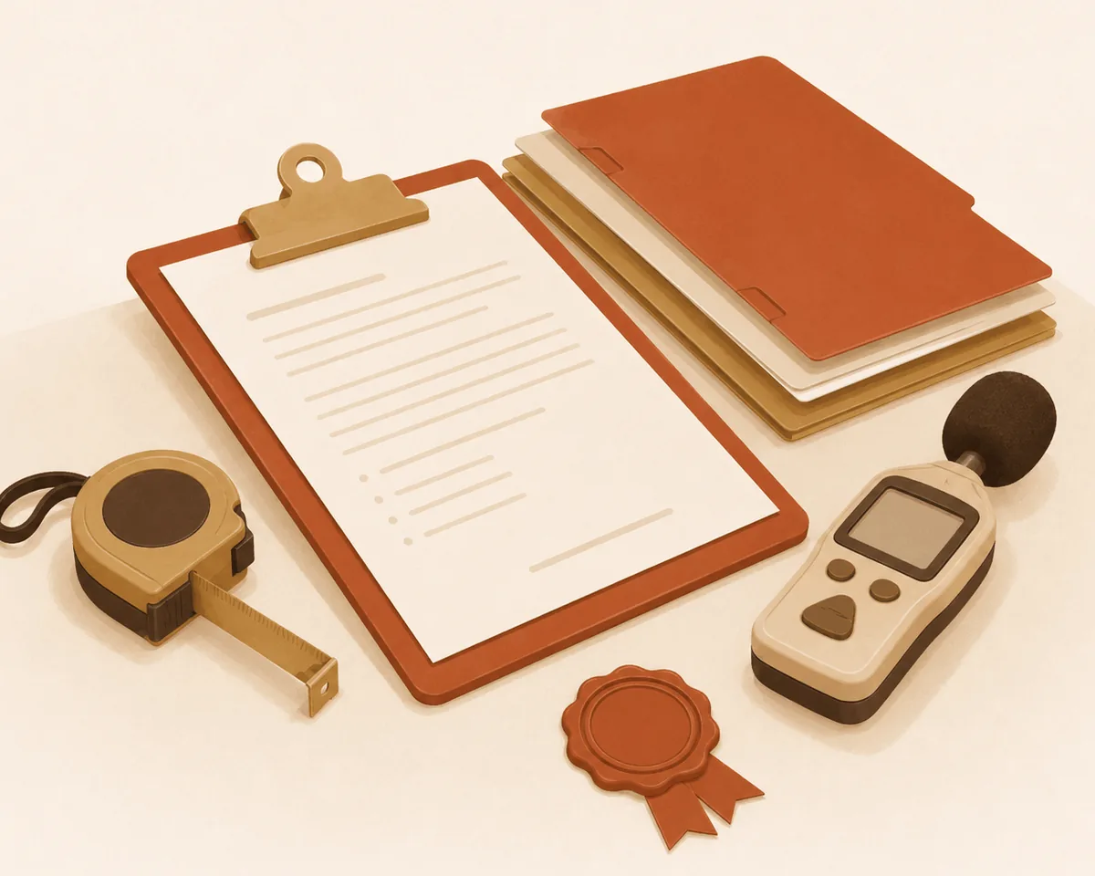 Documentos técnicos e instrumentos de medição de SST organizados sobre a mesa