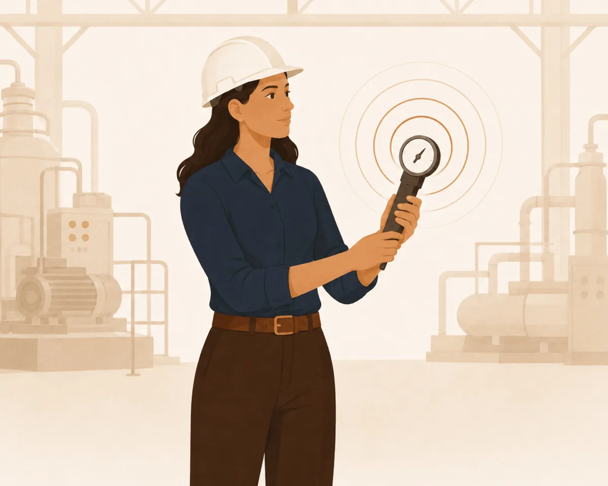 Engenheira medindo condições ambientais do trabalho com instrumento portátil