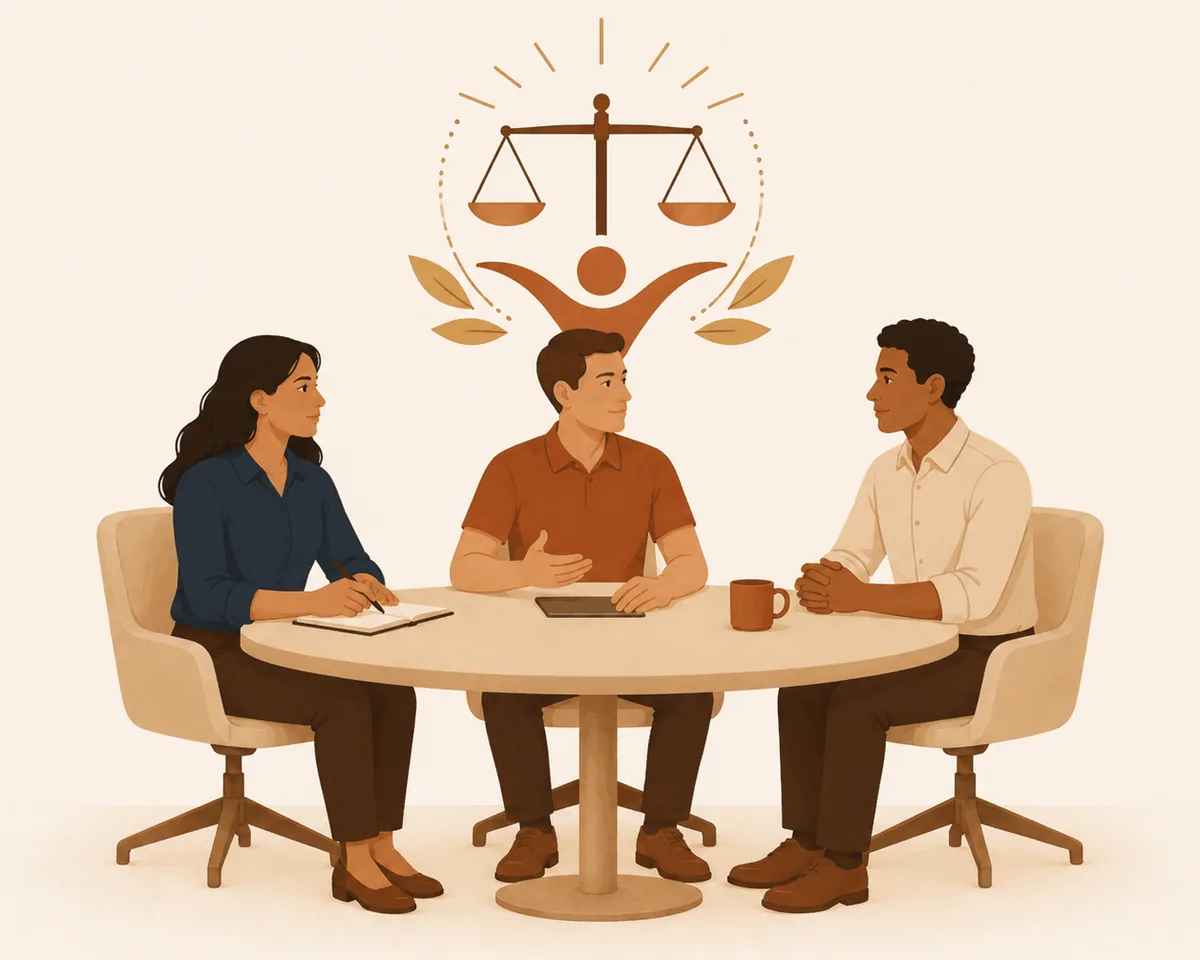 Equipe em conversa equilibrada representando a avaliação de riscos psicossociais