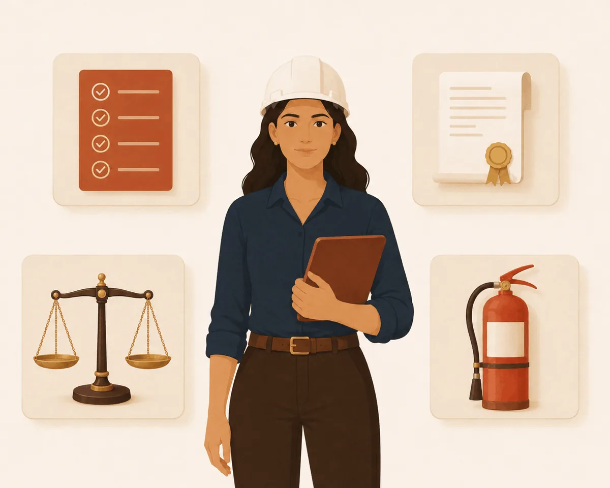 Engenheira de segurança do trabalho com os símbolos dos serviços: consultoria, laudos, perícias e segurança contra incêndio